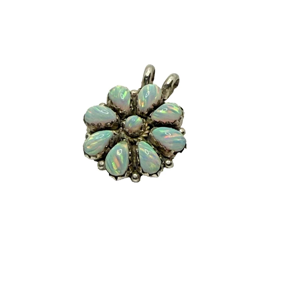 Vintage Zuni Eriacho Sterling Silver Opal Cluster Floral Pendant One of a Kind